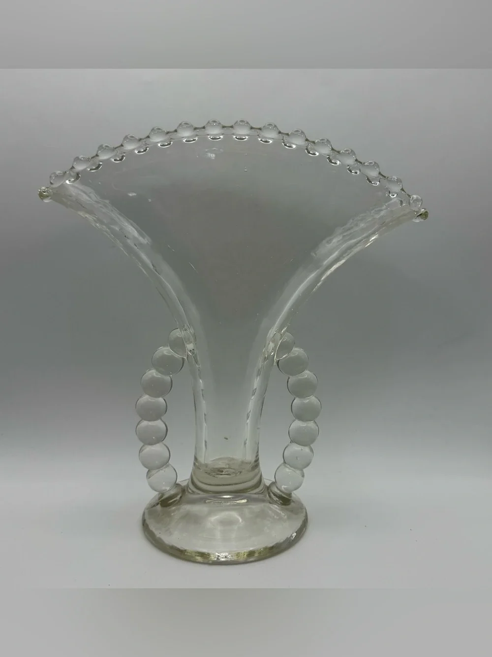 Vintage Imperial Glass Candlewick Clear Fan Vase Beaded Handles